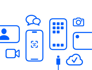 眾多 Apple 裝置與功能特色，包括 iCloud、具備 Face ID 的 iPhone，以及充電連接線、相機、傳訊功能、訊息 app。