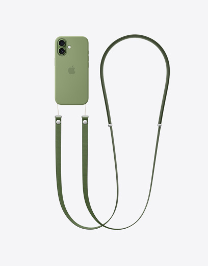 裝在綠色保護殼內的 iPhone 17 機身背面，展示相連的綠色斜背掛繩