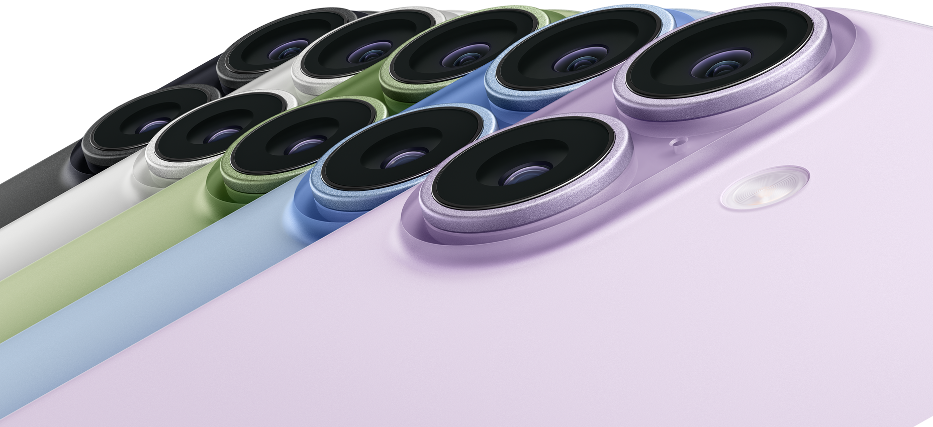 五部 iPhone 17 裝置的機身背面,顏色分別為黑色、白色、鼠尾草綠色、霧藍色和薰衣草紫色,展示左上角的融合相機