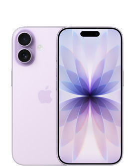 iPhone 17，薰衣草紫色機身背面，展示左上角的融合相機系統、中間的 Apple 標誌，薰衣草紫色機身正面，展示頂部中間的動態島