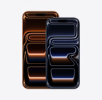 Parte da frente do iPhone 17 Pro Max na cor laranja-cósmico e parte da frente do iPhone 17 Pro na cor azul-intenso