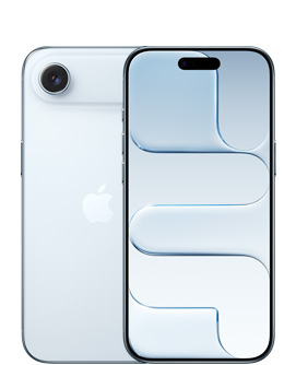 Parte de trás do iPhone Air na cor azul-céu, sistema de câmera Fusion na parte superior, logotipo da Apple no centro. Parte da frente do iPhone Air na cor azul-céu, Dynamic Island centralizada na parte superior