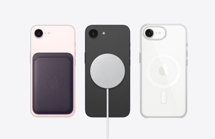 iPhone 17e, sedd bakifrån, med anslutna MagSafe-tillbehör