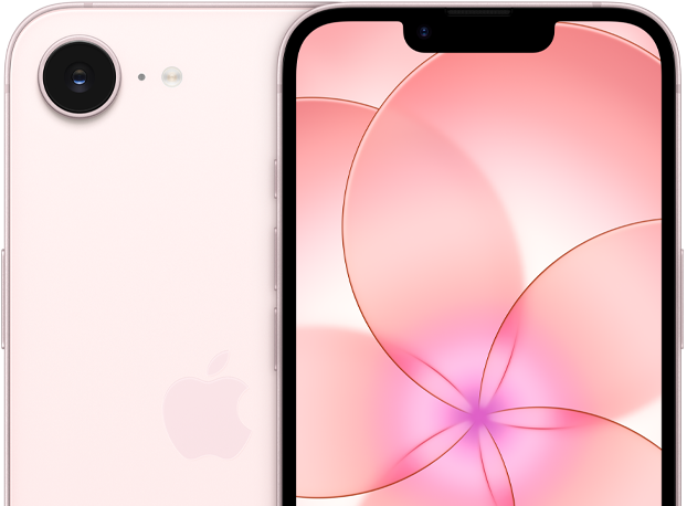 iPhone 17e i blekrosa, sedd framifrån, en del av baksidan på iPhone 17e visar kameran