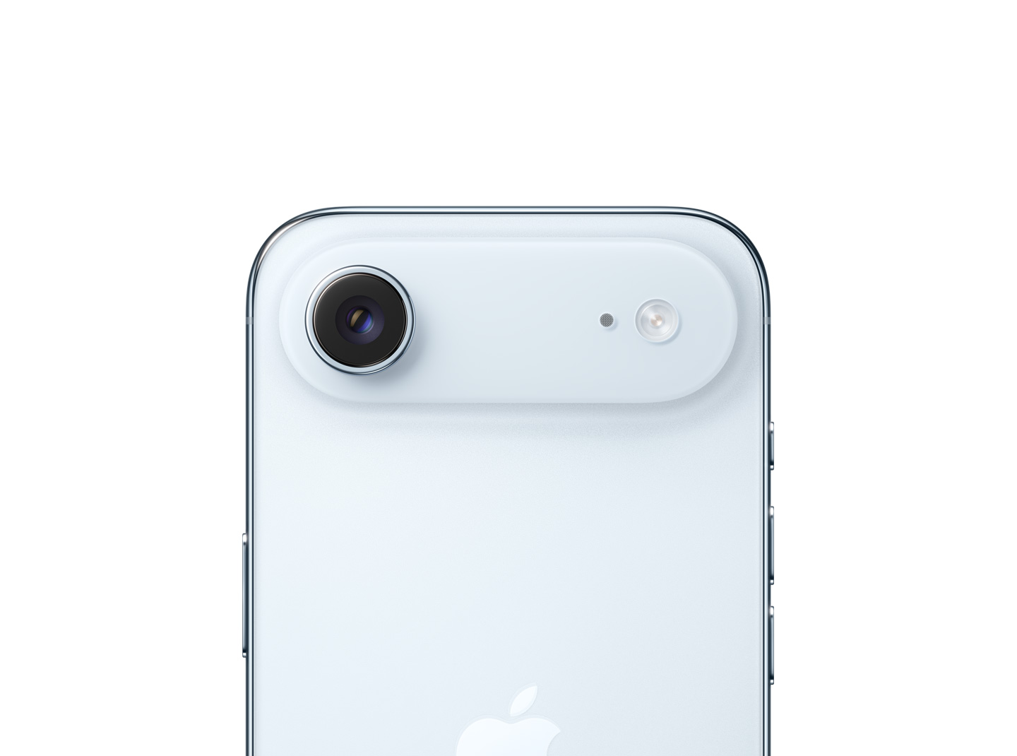 天藍色 iPhone Air 機身背面,展示上方擴展平台處的融合主相機系統