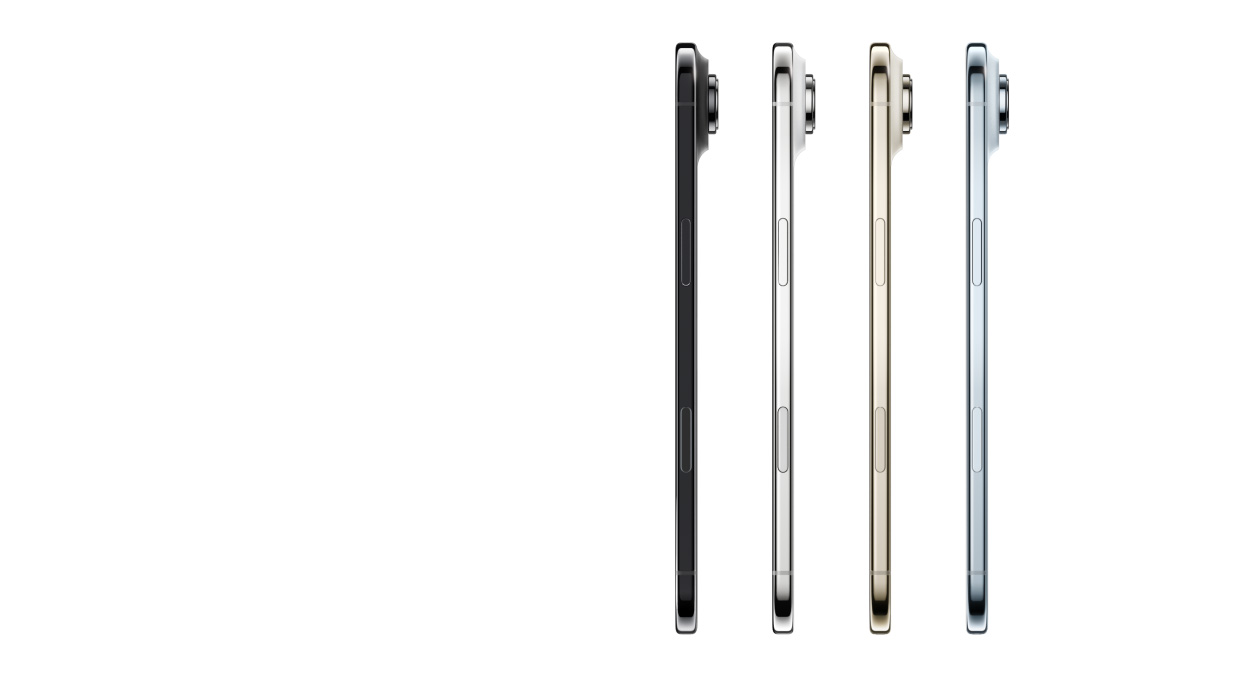 iPhone Air 機身側面，展示天藍色、淺金色、雲白色與太空黑色四款顏色、超纖薄外型、融合相機系統，以及側邊與相機控制兩個按鈕