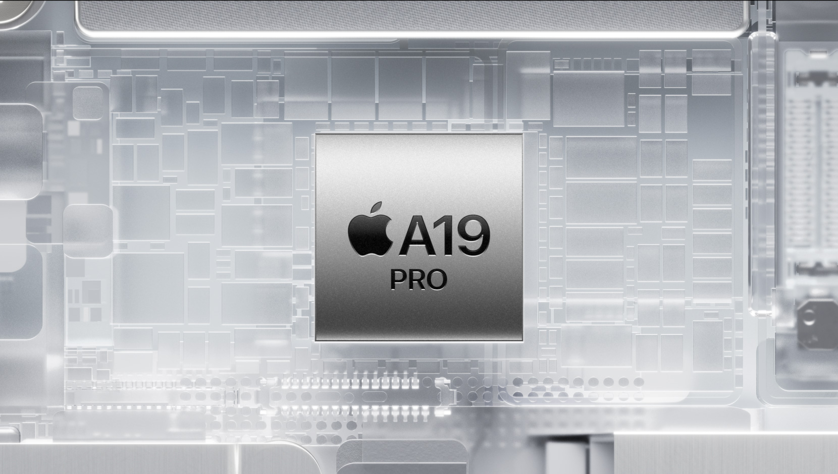A19 Pro 晶片被發光的 iPhone 內部組件環繞著
