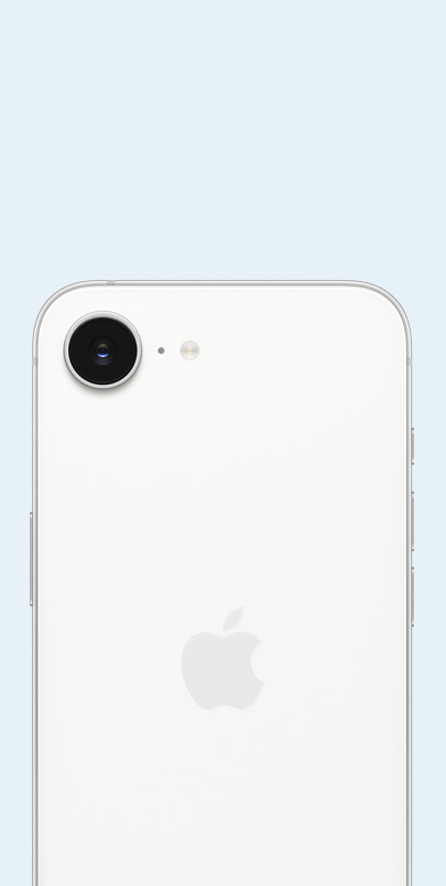 Back view of iPhone 16e in white colour featuring recycled materials and camera is shown.