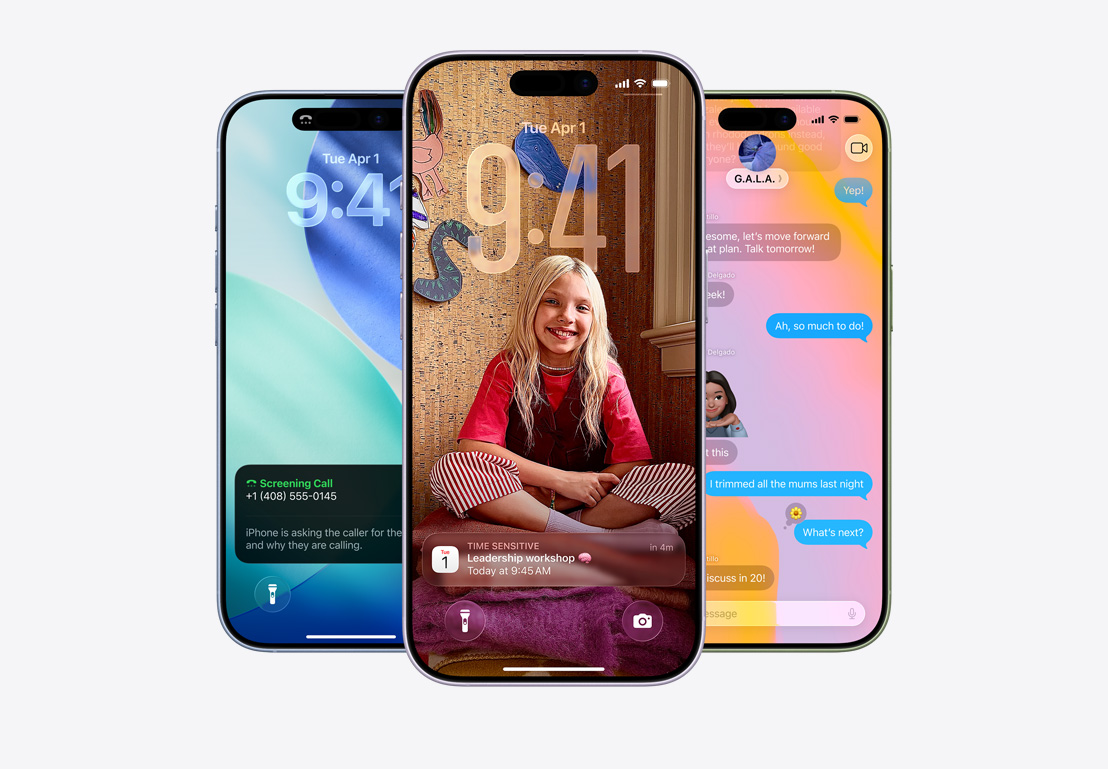 iPhone screen showing call screening pop-up, iPhone screen showing Mail and Messages app pop-ups with Liquid Glass design, iPhone screen showing Messages thread with Liquid Glass background