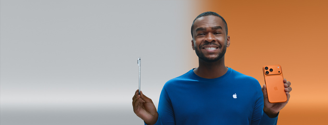 A Guided Tour, image of person holding iPhone Air in one hand, very thin titanium side, iPhone 17 Pro in other hand, cosmic orange back exterior.