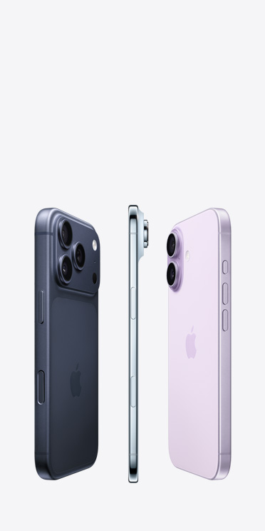 iPhone 17 Pro, tagakülg, Pro fusion kaamerasüsteem üle ülaosa, iPhone Air, väga õhuke titaanist külg, iPhone 17, tagakülg, täiustatud topeltkaamerasüsteem üleval vasakus nurgas