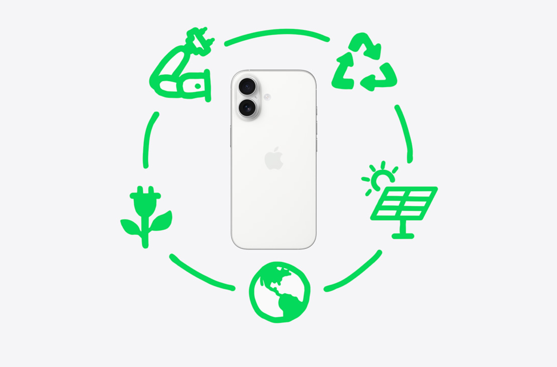 Gráfico que muestra los pasos que sigue Apple para reciclar y reutilizar materiales, entre ellos: diseño y abastecimiento de materiales, fabricación, embalaje y envío, uso y recuperación, alrededor de un iPhone 17 en color azul neblina, parte trasera.