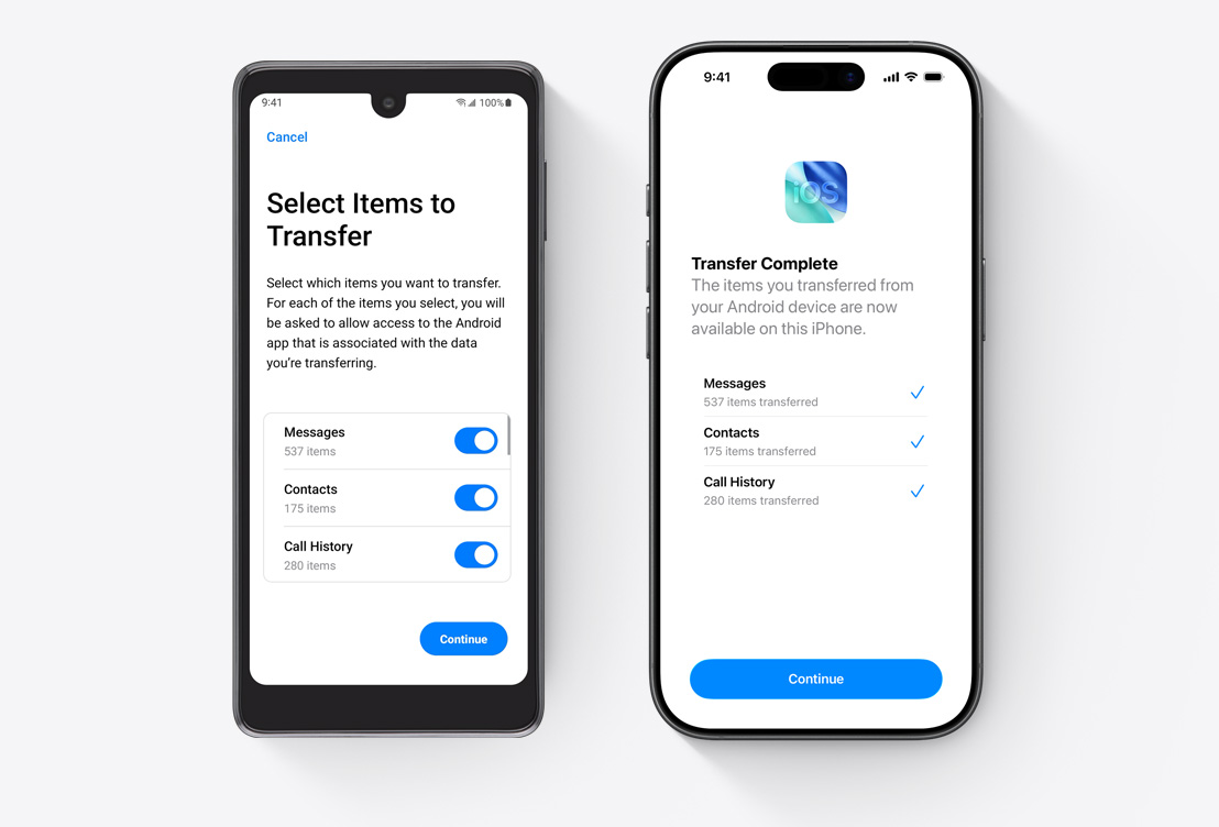裝置並排擺放，Android 螢幕和 iPhone 螢幕均顯示「轉移至 iOS」app