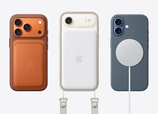 Dispositivos uno al lado del otro, parte trasera de un iPhone 17 Pro con una funda de trenzado fino con MagSafe acoplada, parte trasera de un iPhone Air en acabado dorado claro con una correa cruzada y una batería MagSafe acoplada, parte trasera de un iPhone 17 Pro con una funda azul y una batería MagSafe acoplada