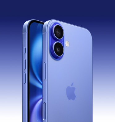 iPhone 16 en acabado azul ultramar, parte delantera que muestra parcialmente la pantalla, parte lateral que muestra el botón Acción, los botones de volumen y el botón lateral, parte trasera que muestra el sistema avanzado de cámara dual en la esquina superior izquierda.