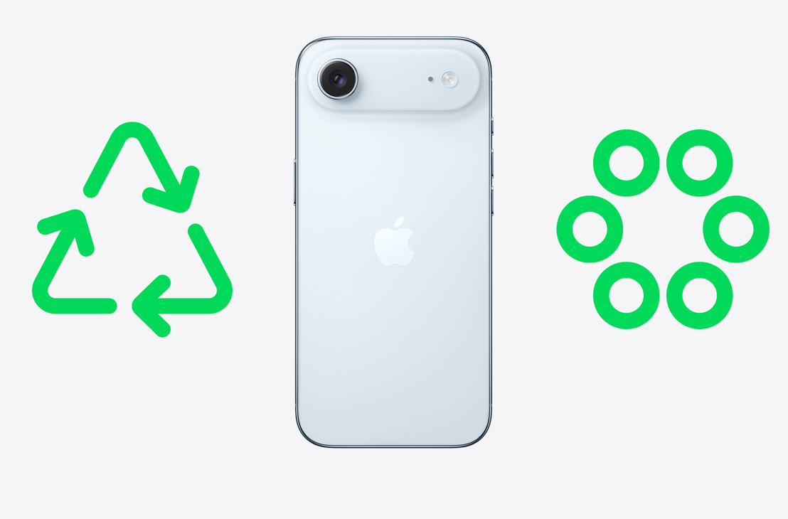 Tył iPhone’a Air, zielona ikona recyklingu, zielona ikona materiałów z recyklingu