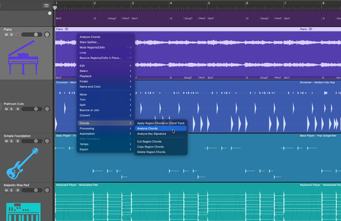 Commandes de la piste d’accords, outil Analyser les accords pour piste d’accords