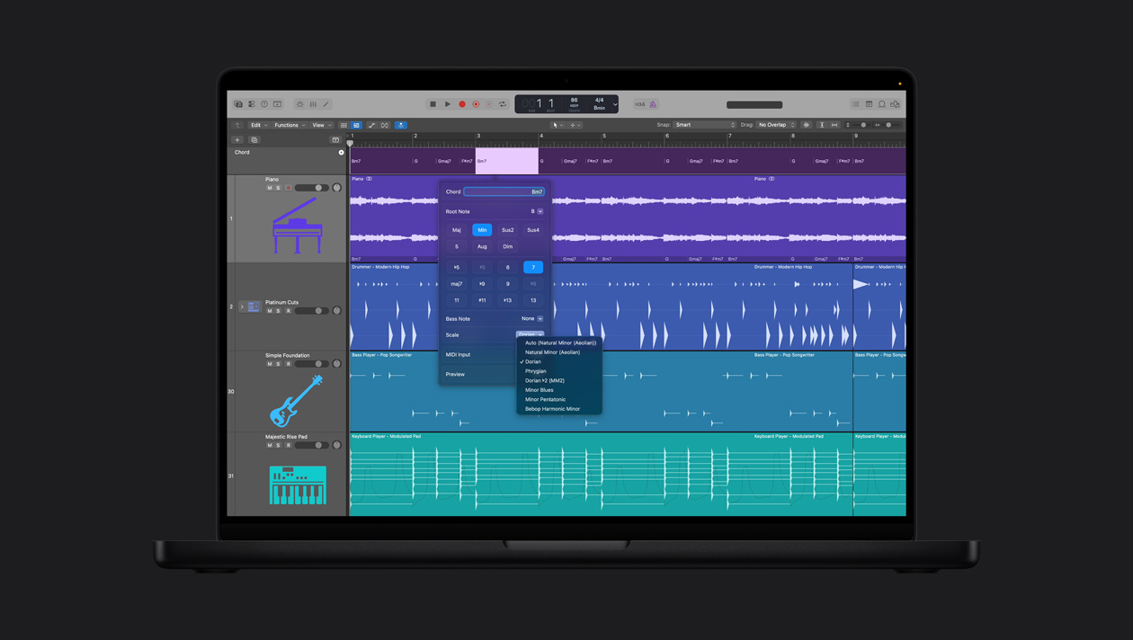 Écran d’un MacBook Pro 16 pouces montrant une piste d’accords avec Piano, Platinum Cuts, Simple Foundation et Majestic Rise Pad, et la fenêtre de réglages des accords