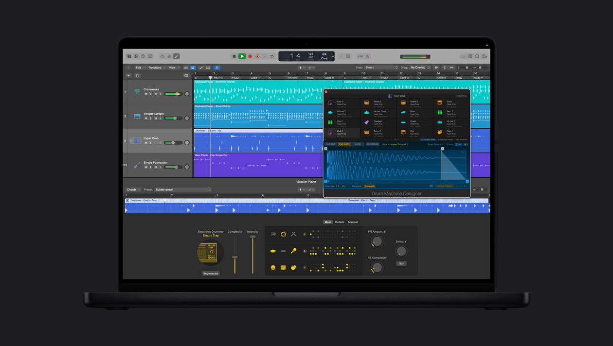 Écran d’un MacBook Pro 16 montrant Drummer électronique, fenêtre Hyper Drop ouverte avec Drum Kit Designer, à gauche se trouvent les rangées Crosswaves, Vintage Upright, Hyper Drop et Simple Foundation, en bas se trouvent les commandes Drummer électronique Trap électronique