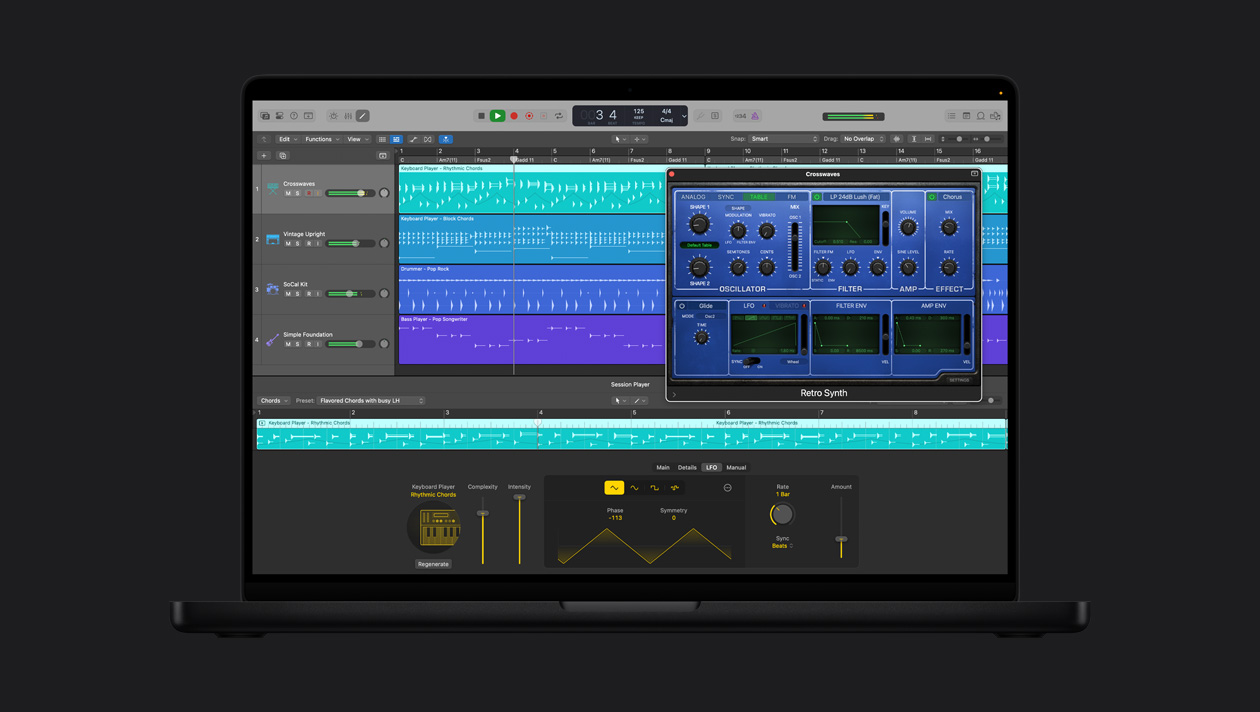 Écran d’un MacBook Pro 16 pouces montrant Synth Player, la fenêtre Crosswaves est ouverte avec des options de réglages, à gauche se trouvent Vintage Upright, SoCal Kit et Simple Foundation, en bas se trouvent les commandes Keyboard Player Accords rythmiques