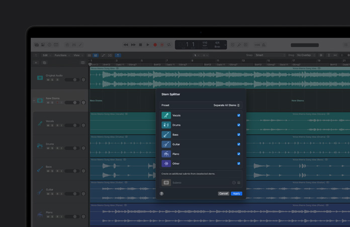 Écran d’un MacBook Pro 16 pouces montrant le module Séparateur de stem, avec les stems Chant, Basse, Guitare, Batteries, Piano et Autre