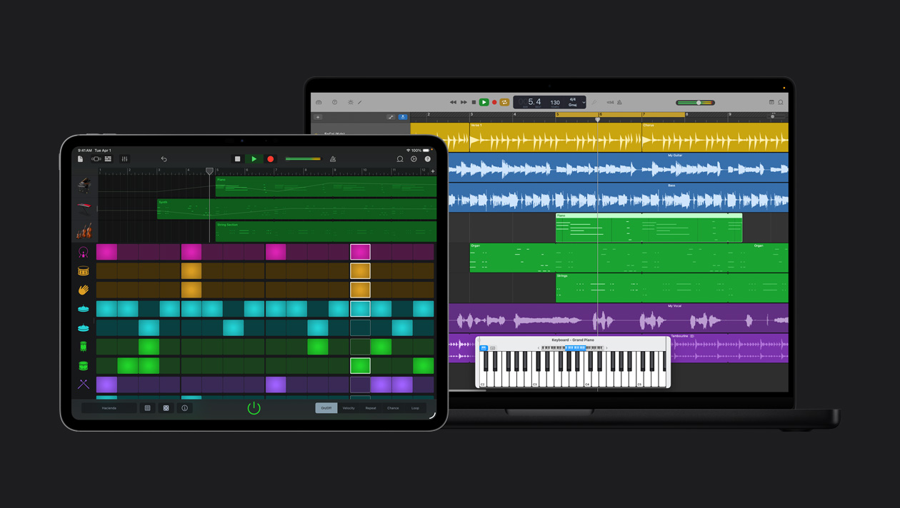 Écran d’un iPad Pro 13 pouces montrant un espace de travail avec un panneau d’instruments à gauche et les couleurs et ondes sonores correspondantes à côté, écran d’un MacBook Pro 16 pouces montrant des rangées de différents instruments avec leurs ondes sonores de différentes couleurs, clavier du piano à queue en bas