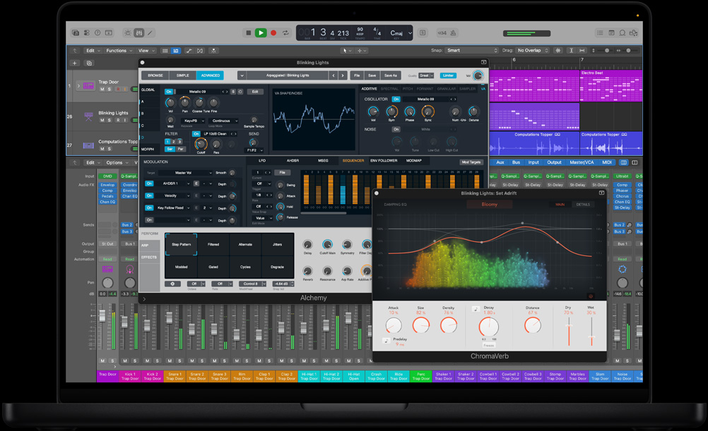MacBook Pro 16 pouces, table de mixage Logic Pro avec module pour les commandes d’arpégiateur