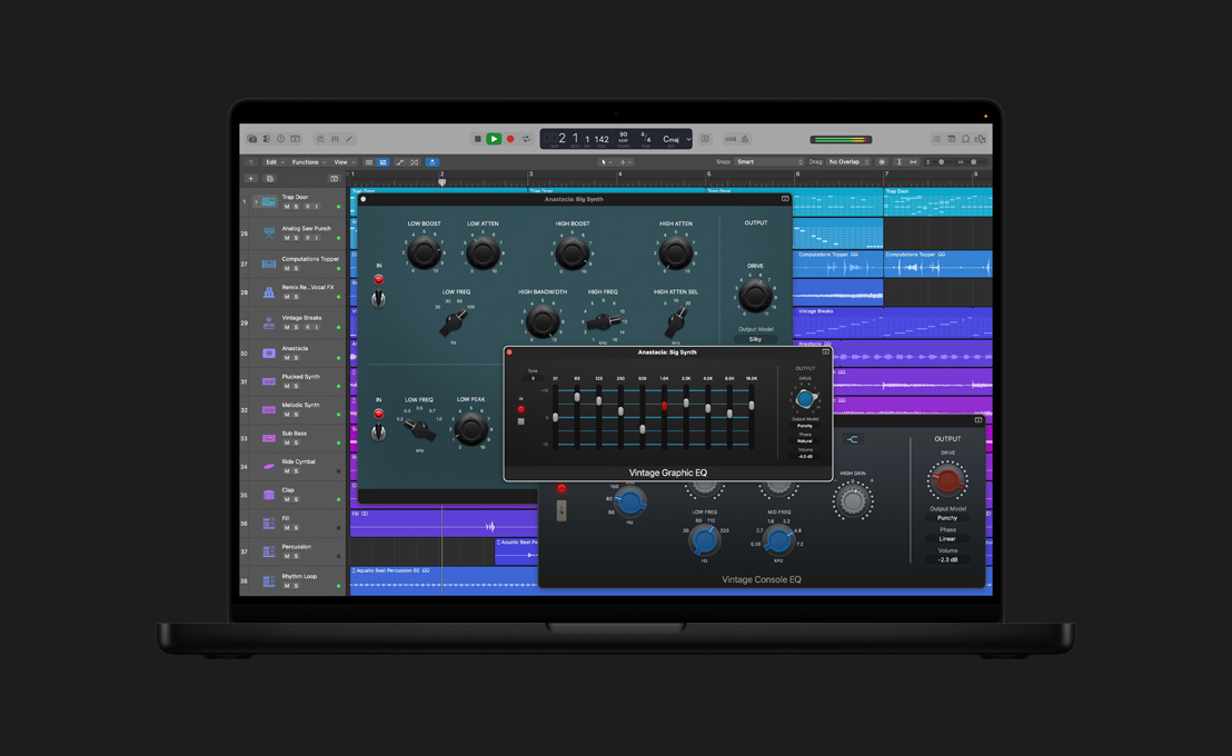 Écran d’un MacBook Pro 16 pouces montrant Vintage EQ, fenêtre Anastasia: Big Synth, boutons réglés à différents chiffres, boutons de sortie à droite