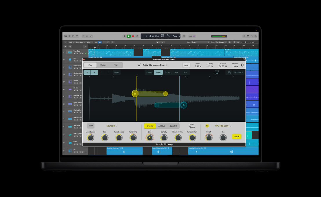 MacBook Pro 16 pouces, Logic Pro affichant une fenêtre Sample Alchemy, élément vocal