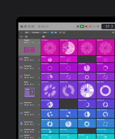 Écran d’un MacBook Pro 16 pouces montrant des commandes et effets, panneau gauche avec Toppers, Infinity, Percussion, Textures, Temps, Claviers, Synthés 1, Vocal Chops, Anthemic Lead, Synthés 2, Synthés 3, chaque rangée est classée par couleur et affichée à droite