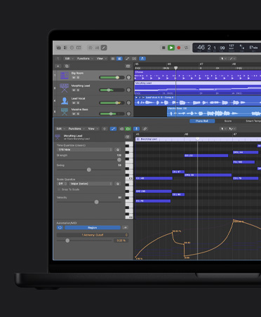 Écran d’un MacBook Pro 16 pouces montrant des ondes sonores avec différentes rangées, dont Big Room, Morphing Lead, Lead Vocal et Massive Bass, en bas se trouve la fenêtre Partition défilante avec des réglages à gauche