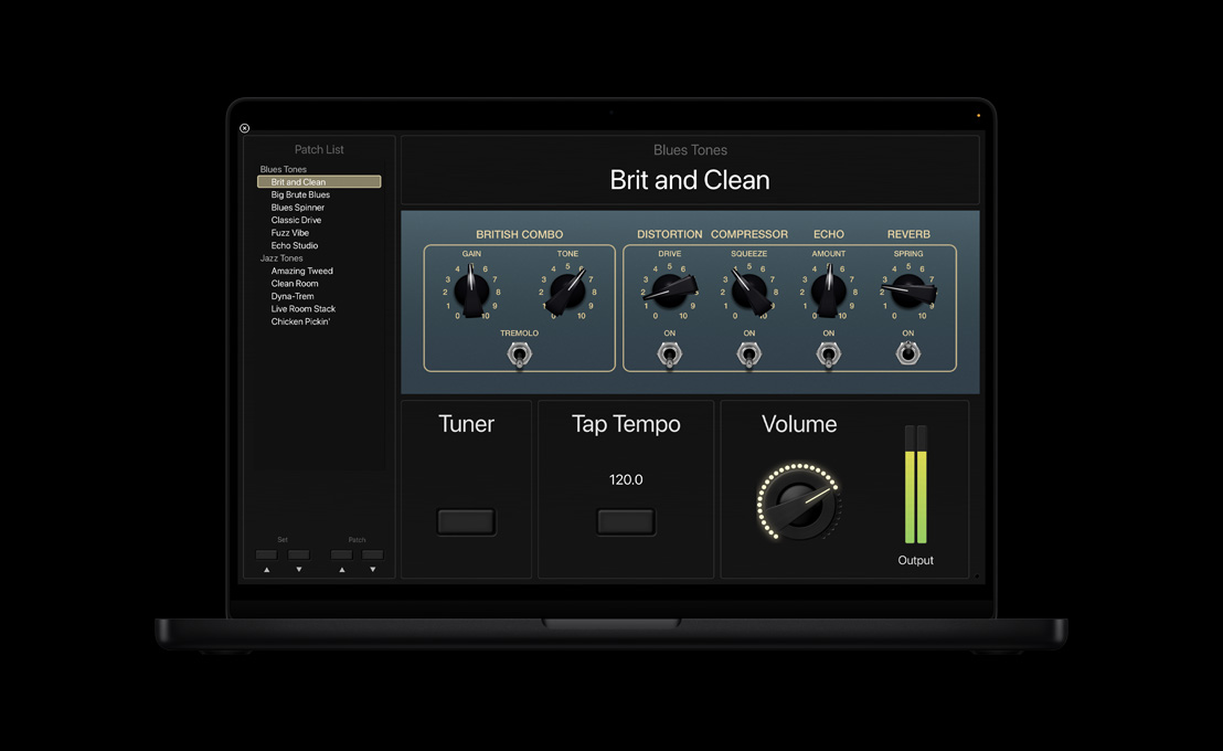 Écran d’un MacBook Pro 16 montrant le panneau de la liste des patchs à gauche, Blue Tones au centre avec des boutons, les sections de Accordeur, Tempo de tap et Volume en bas