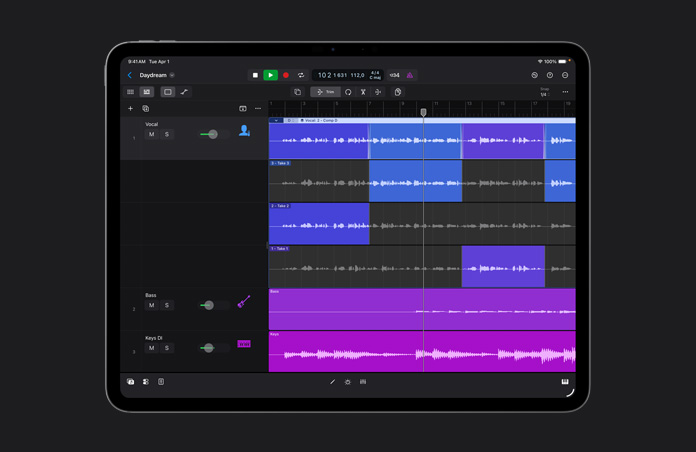 iPad Pro 13 pouces, espace de travail montrant des rangées de prises audio de différentes couleurs