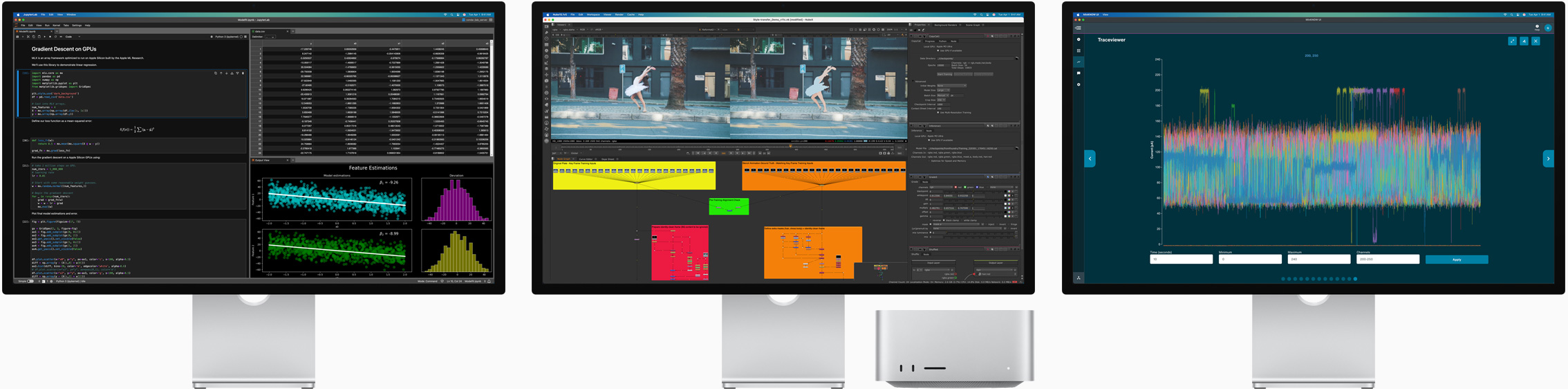 Mac Studio and three Studio Displays, all featuring different macOS apps onscreen