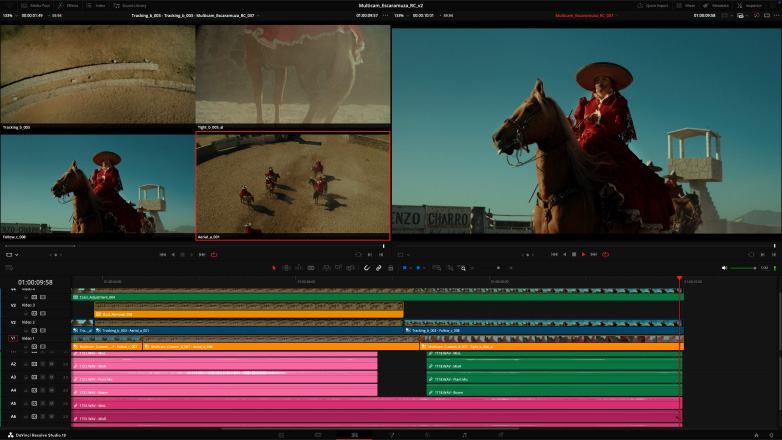 Studio Display i Mac Studio służące do montażu obrazu wideo z wielu kamer w DaVinci Resolve Studio