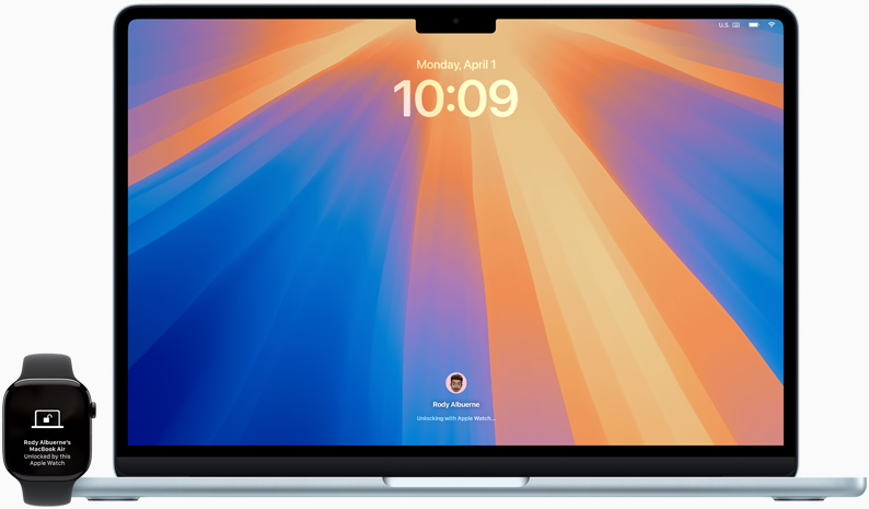 Apple Watch junto a um portátil Mac aberto, para demonstrar o início de sessão automático no Mac com Apple Watch