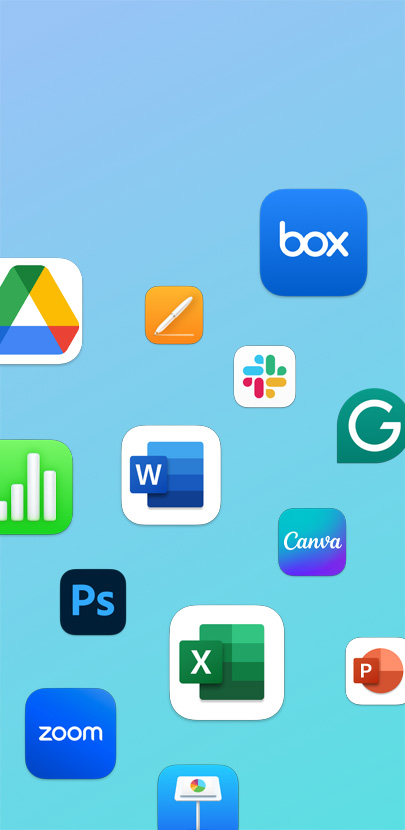Vários ícones de apps dispersos, incluindo Zoom, Adobe Photoshop, Microsoft Excel e Slack.