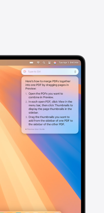 Screen image with phrase in search field and results demonstrating Apple Intelligence Siri feature.