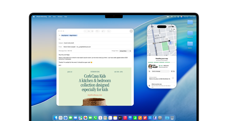 MacBook Pro 16-inch with Mail and iPhone Mirroring the Uber Eats app onscreen.