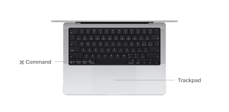Top view of MacBook Pro 14-inch with lines indicating where the Command key button and trackpad are.