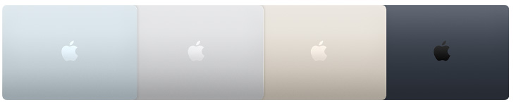 Eksterior empat model MacBook Air, yang memperlihatkan empat warna berbeda