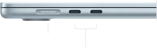MacBook Air, tertutup, sisi kiri, memperlihatkan MagSafe dan dua port Thunderbolt