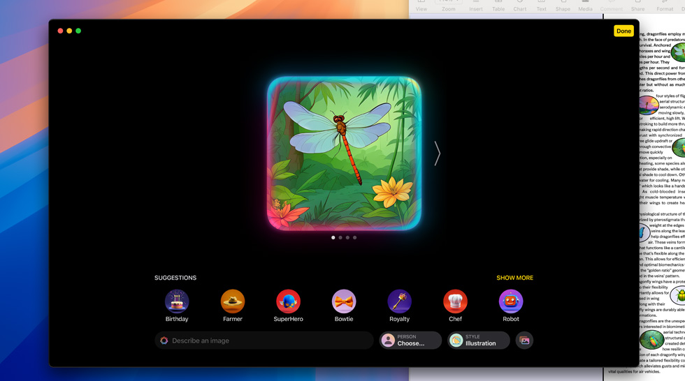 Pantalla que muestra cómo se genera la imagen de una libélula con la prestación Image Playground de Apple Intelligence