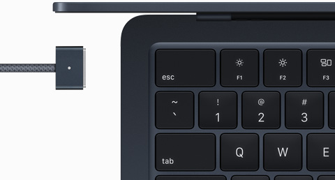 MacBook Air in Midnight colour with colour-matched MagSafe cable