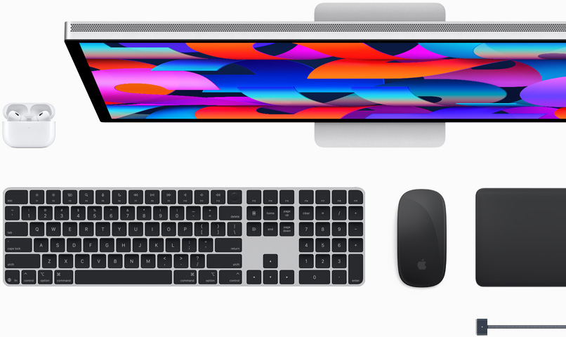 Mac accessories: AirPods, Studio Display, Magic Keyboard, Magic Mouse, Magic Trackpad, MagSafe charge cable in Midnight colour