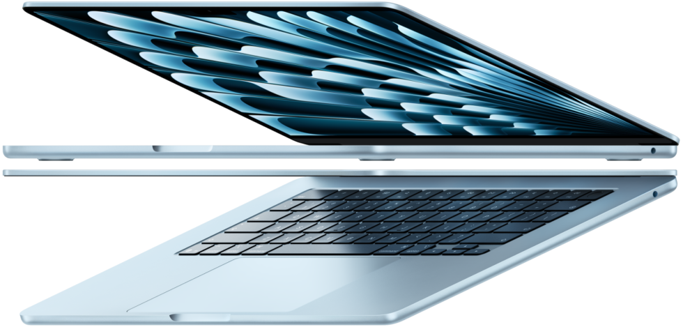 Two open MacBook Air laptops in sky blue colour forming arrow shape, emphasising narrow profile