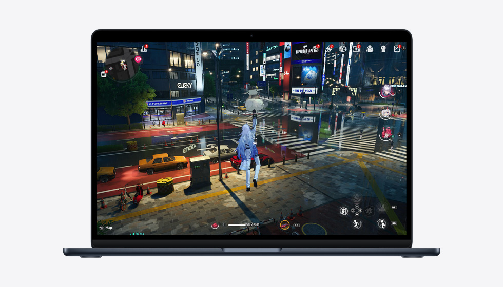 Écran d’un MacBook Air affichant un jeu vidéo pour illustrer les capacités de la puce M5