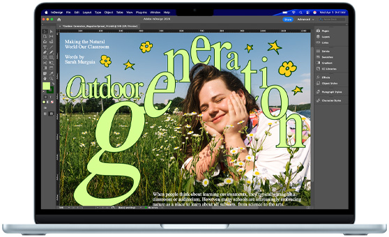 A MacBook Air displaying an Adobe InDesign project