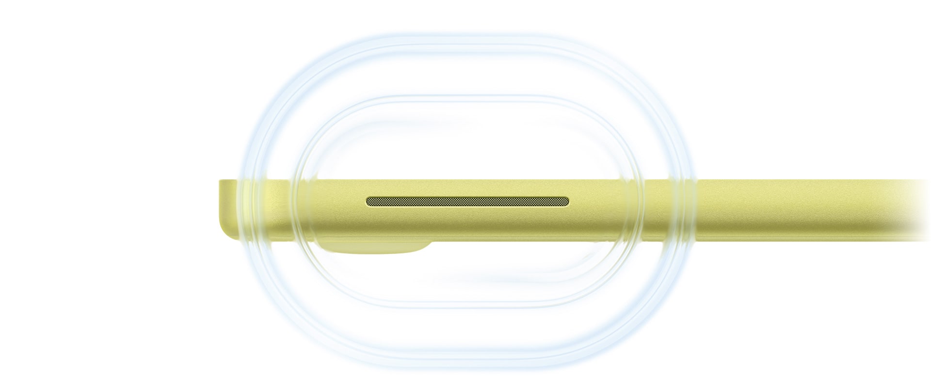 Öppen MacBook Neo i färgen citrus, ljudvågor strömmar ut från högtalaren på datorns högra sida, nära framsidan