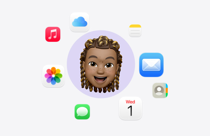 Glad emoji omgiven av olika appikoner: Musik, iCloud Drive, Anteckningar, Mail, Kontakter, Kalender, Meddelanden och Bilder